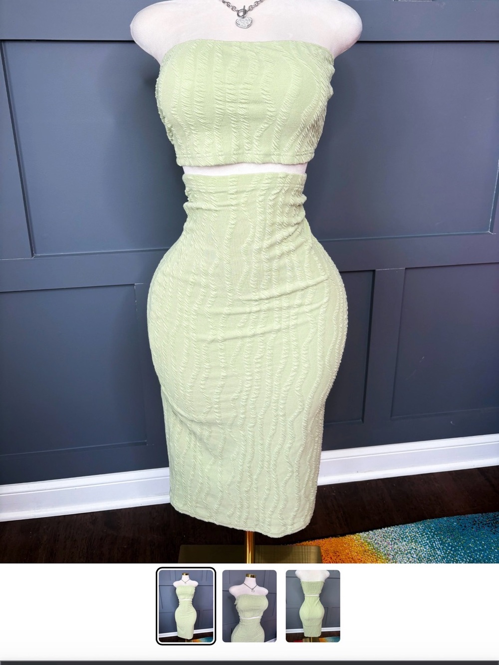 Strapless Lime Green Textured Midi Skirt